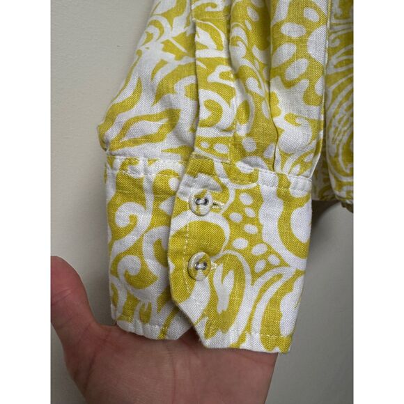CHARTER CLUB Woman 100% Linen Roll Tab Sleeve Button Up Shirt, Chartreuse/White - Picture 8 of 10